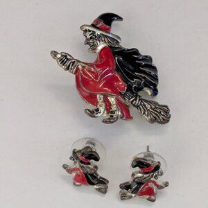 Vintage Enamel Silver Tone Witch on Broom Pendant Brooch Pin & Earring Set